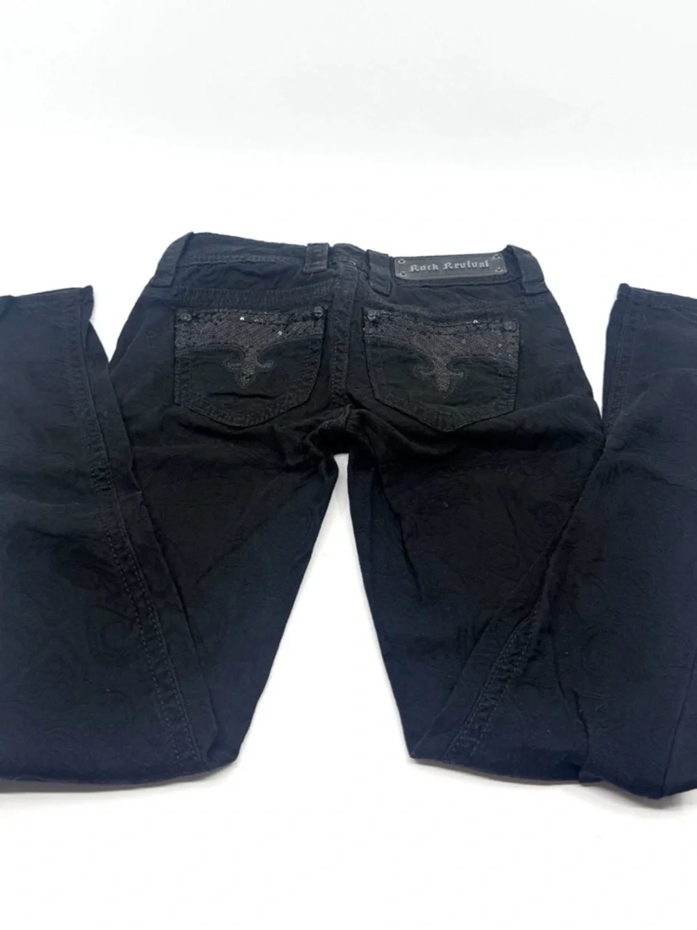 Rock Revival Black Paisley Print Size 24 Skinny Jeans Low Rise Sequin Pockets - Picture 6 of 9
